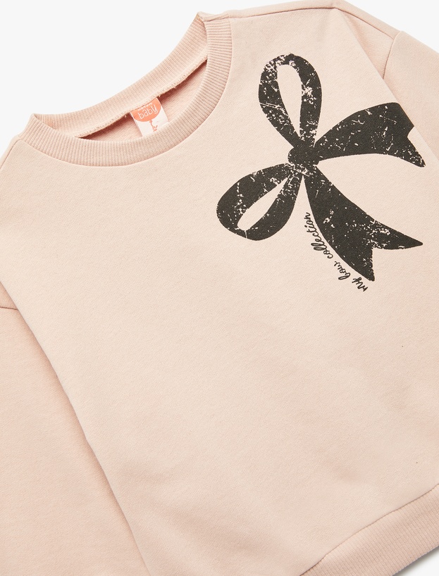 Uzun Kollu Bisiklet Yaka Kurdele Baskılı Şardonlu Pamuklu Sweatshirt_2