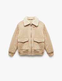 Uzun Kollu Peluş Yaka Cep Detaylı Fermuarlı Bomber Ceket