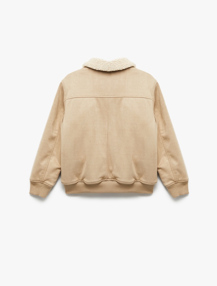 Erkek Çocuk Uzun Kollu Peluş Yaka Cep Detaylı Fermuarlı Bomber Ceket