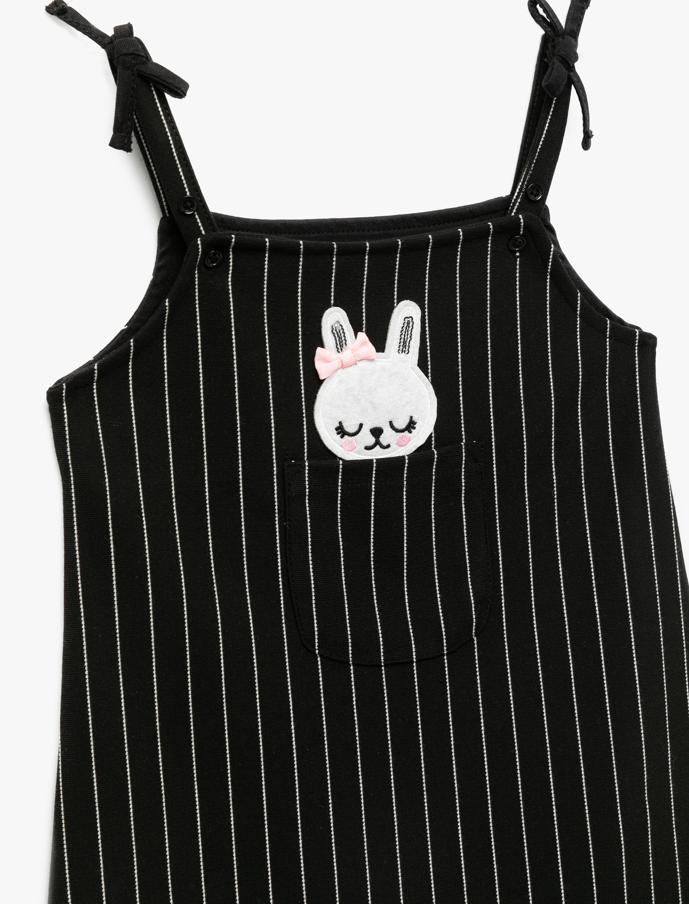 Kız Bebek Tavşan Nakış Detaylı İnce Askılı Çizgili Jile Elbise