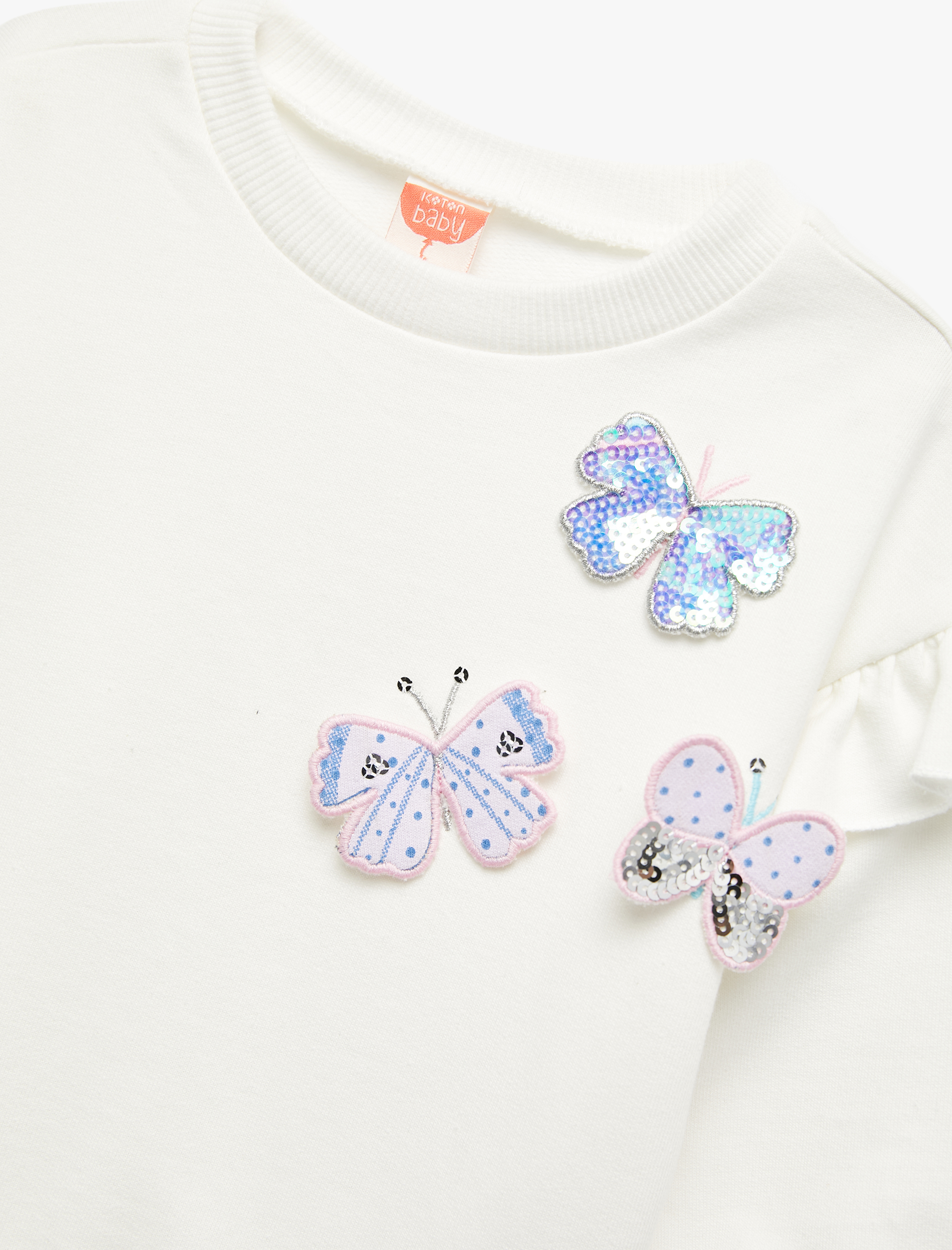  Kız Bebek Şardonlu Uzun Kollu Bisiklet Yaka Kelebek Detaylı Fırfırlı Sweatshirt