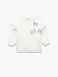 Şardonlu Uzun Kollu Bisiklet Yaka Kelebek Detaylı Fırfırlı Sweatshirt