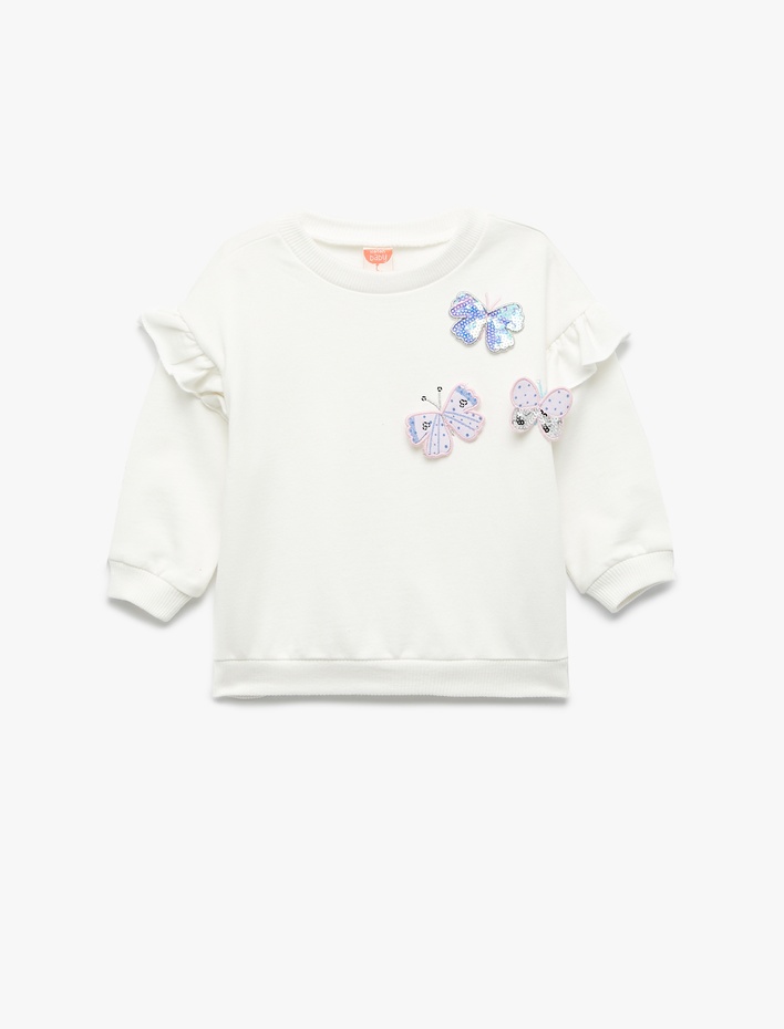 Kız Bebek Şardonlu Uzun Kollu Bisiklet Yaka Kelebek Detaylı Fırfırlı Sweatshirt