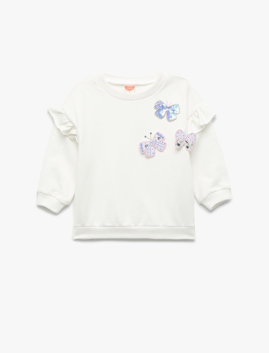  Kız Bebek Şardonlu Uzun Kollu Bisiklet Yaka Kelebek Detaylı Fırfırlı Sweatshirt