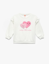Uzun Kollu Bisiklet Yaka Pamuklu Kalp Aplikeli Şardonlu Sweatshirt