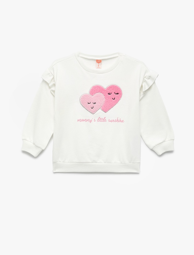 Uzun Kollu Bisiklet Yaka Pamuklu Kalp Aplikeli Şardonlu Sweatshirt_0