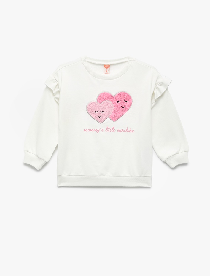 Kız Bebek Uzun Kollu Bisiklet Yaka Pamuklu Kalp Aplikeli Şardonlu Sweatshirt