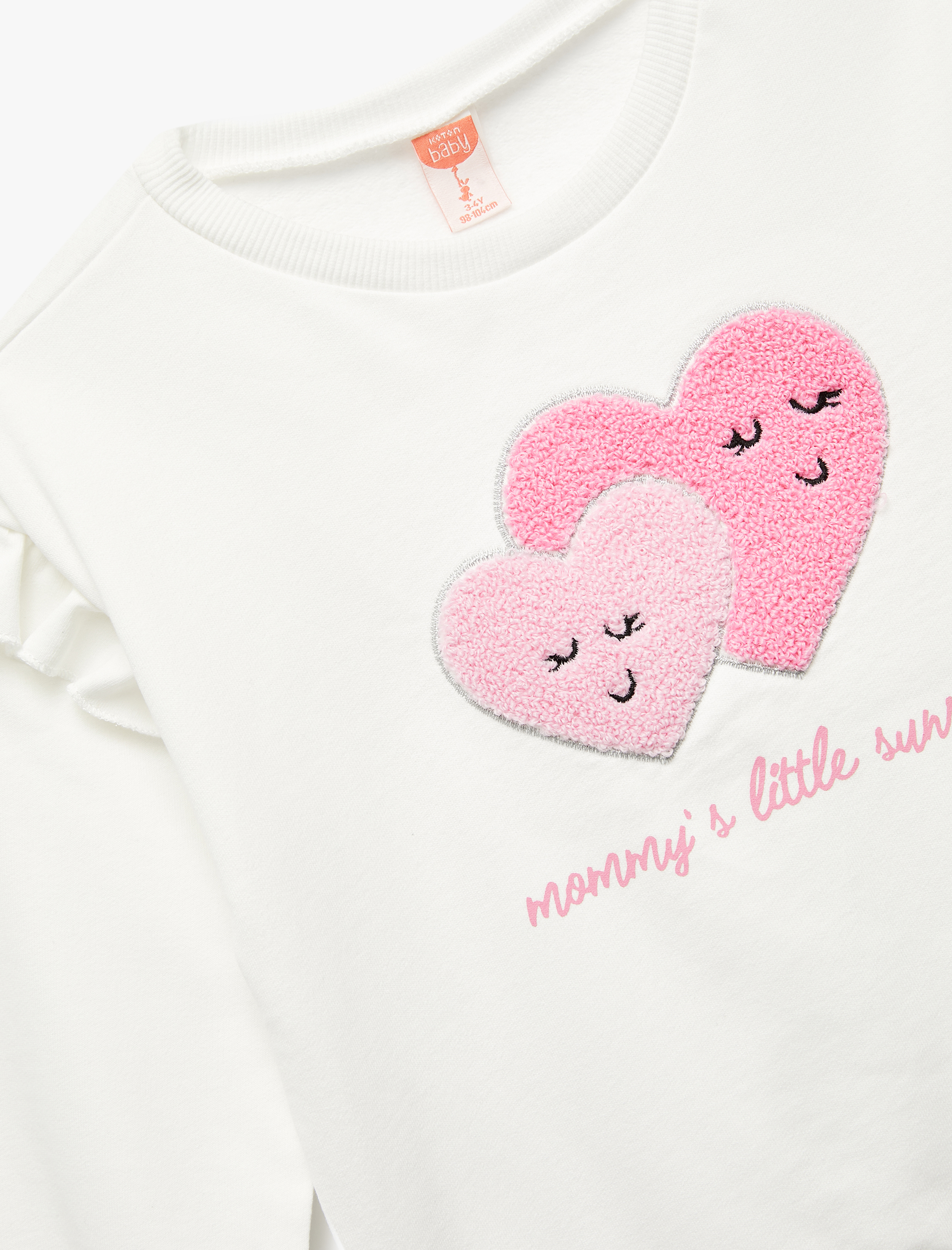  Kız Bebek Uzun Kollu Bisiklet Yaka Pamuklu Kalp Aplikeli Şardonlu Sweatshirt