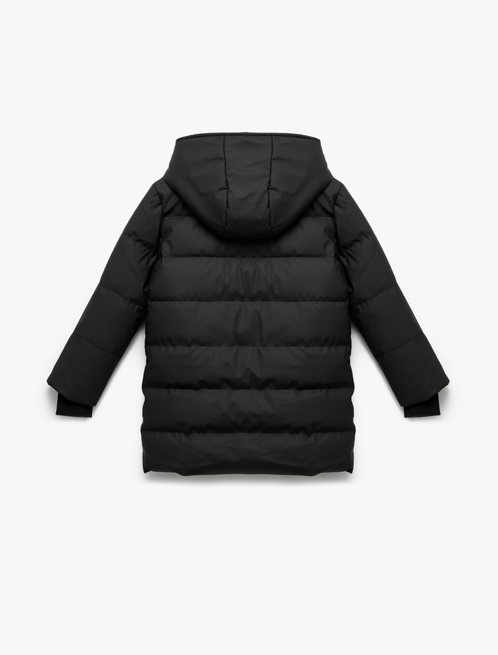 Kız Çocuk Uzun Kollu Fermuarlı Cepli İçi Suni Kürklü Kapşonlu Uzun Şişme Mont