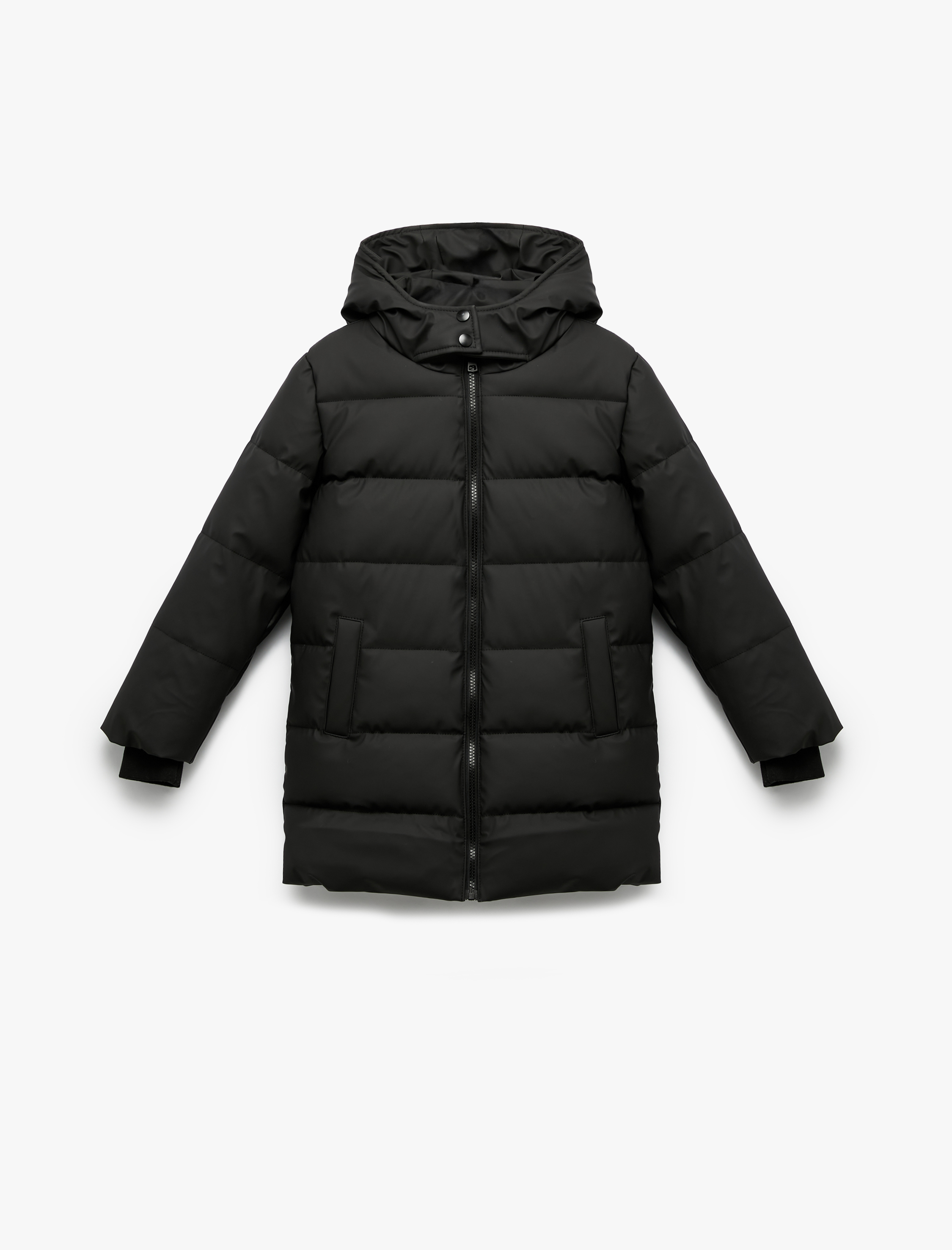  Kız Çocuk Uzun Kollu Fermuarlı Cepli İçi Suni Kürklü Kapşonlu Uzun Şişme Mont