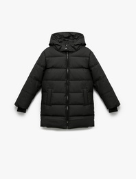 Uzun Kollu Fermuarlı Cepli İçi Suni Kürklü Kapşonlu Uzun Şişme Mont