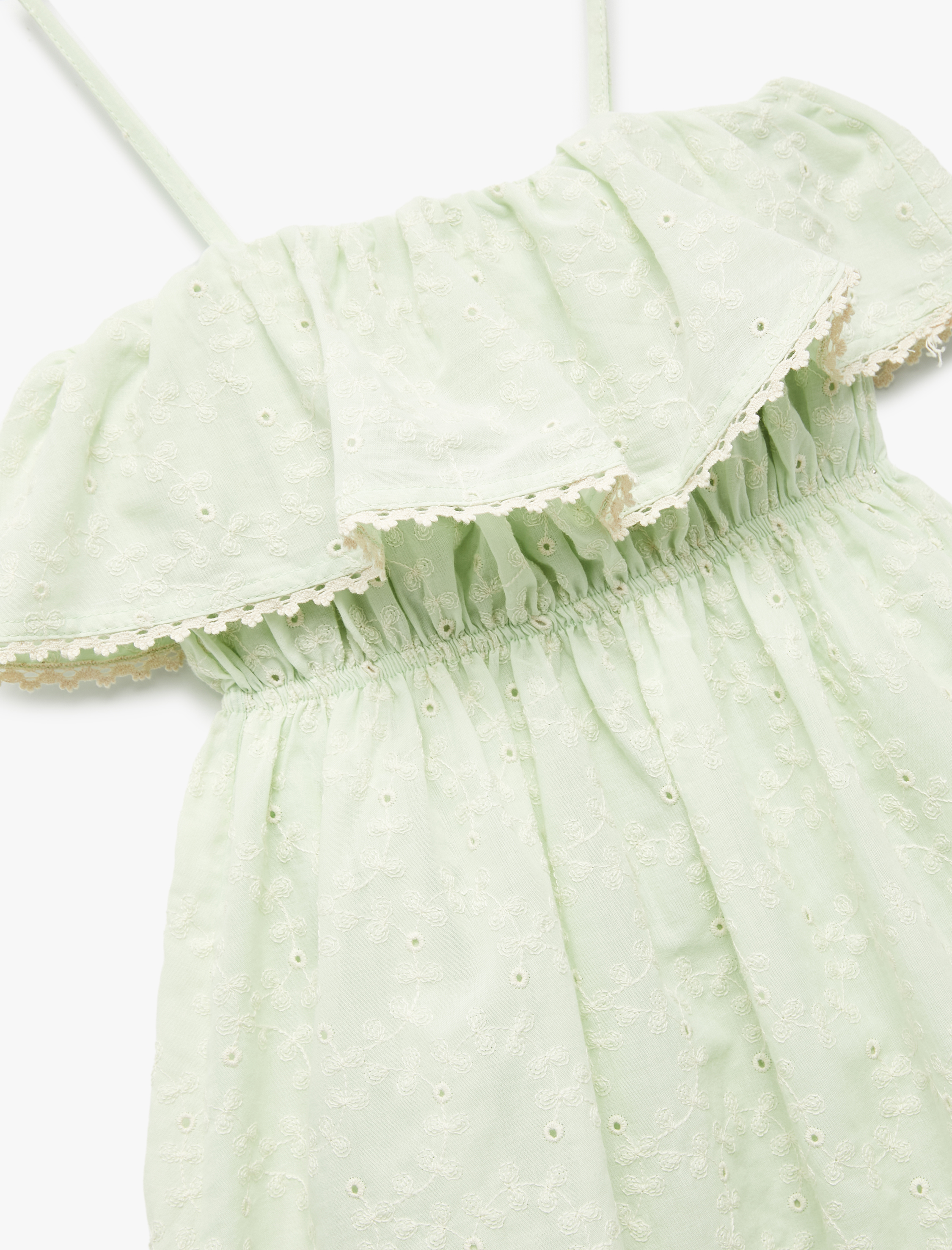  Kız Çocuk Omzu Açık Brode Detaylı Pamuklu Askılı Elbise