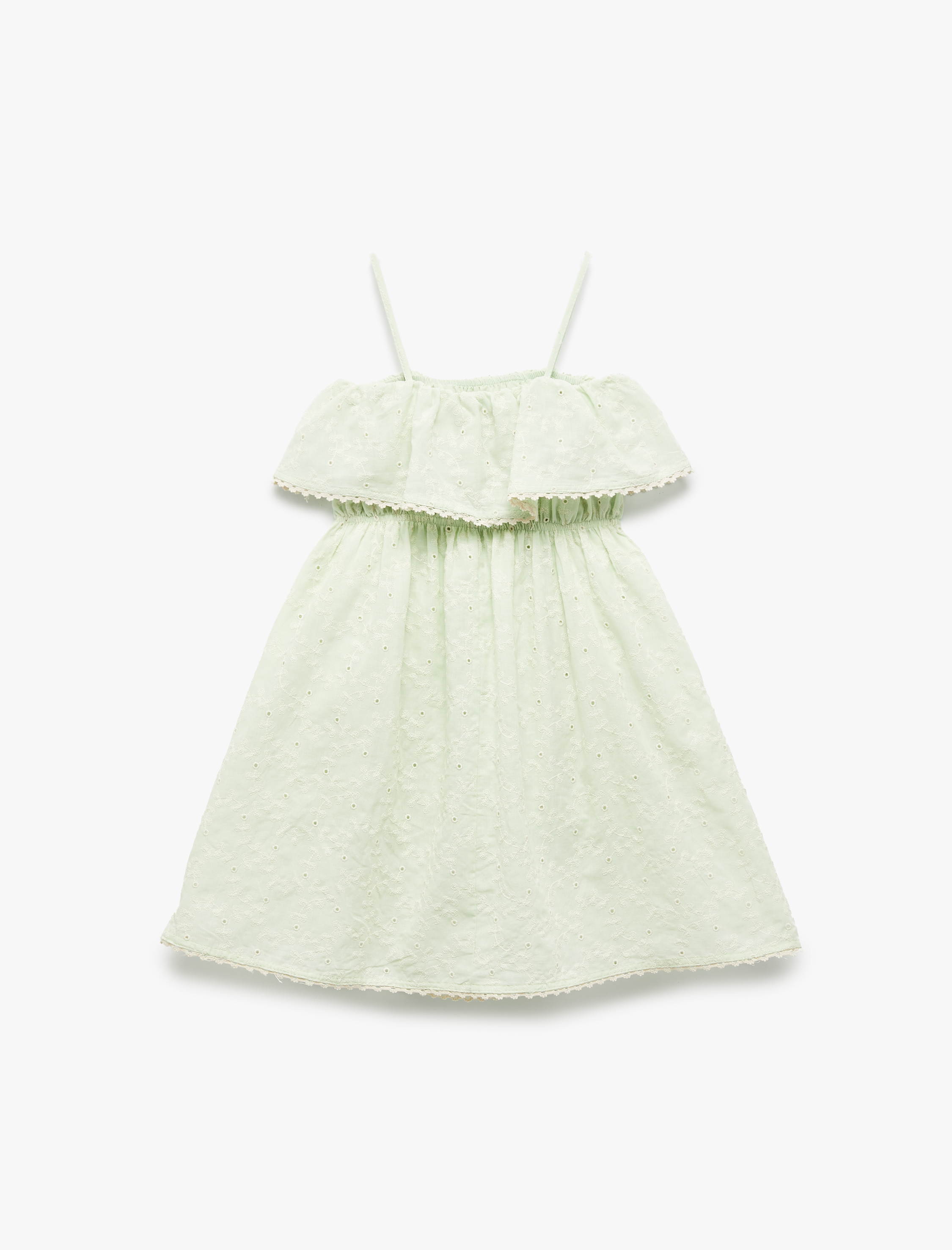  Kız Çocuk Omzu Açık Brode Detaylı Pamuklu Askılı Elbise