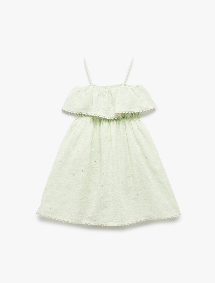 Kız Çocuk Omzu Açık Brode Detaylı Pamuklu Askılı Elbise