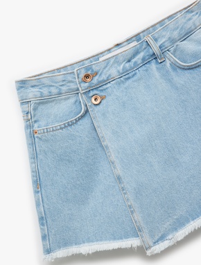 Pamuklu Düğme Detaylı Cepli Asimetrik Mini Denim Şort Etek_5