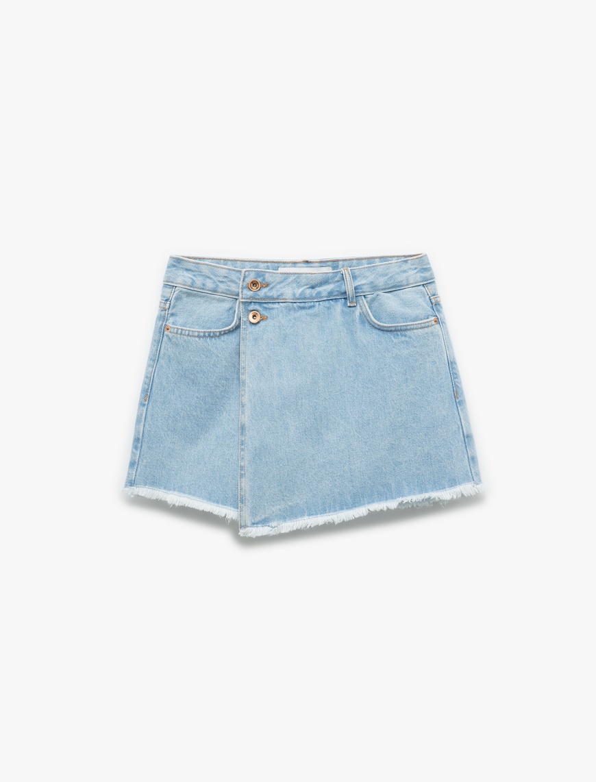  Pamuklu Düğme Detaylı Cepli Asimetrik Mini Denim Şort Etek