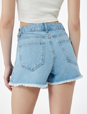 Pamuklu Düğme Detaylı Cepli Asimetrik Mini Denim Şort Etek_2