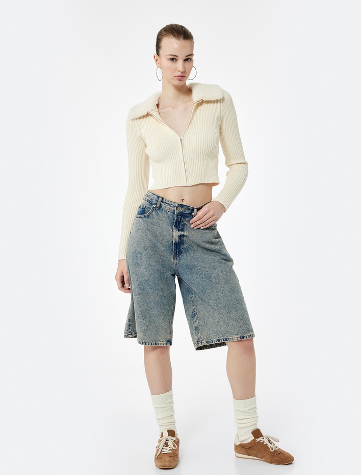  Viskon Karışımlı Suni Kürk Yakalı Uzun Kollu Fermuarlı Triko Hırka