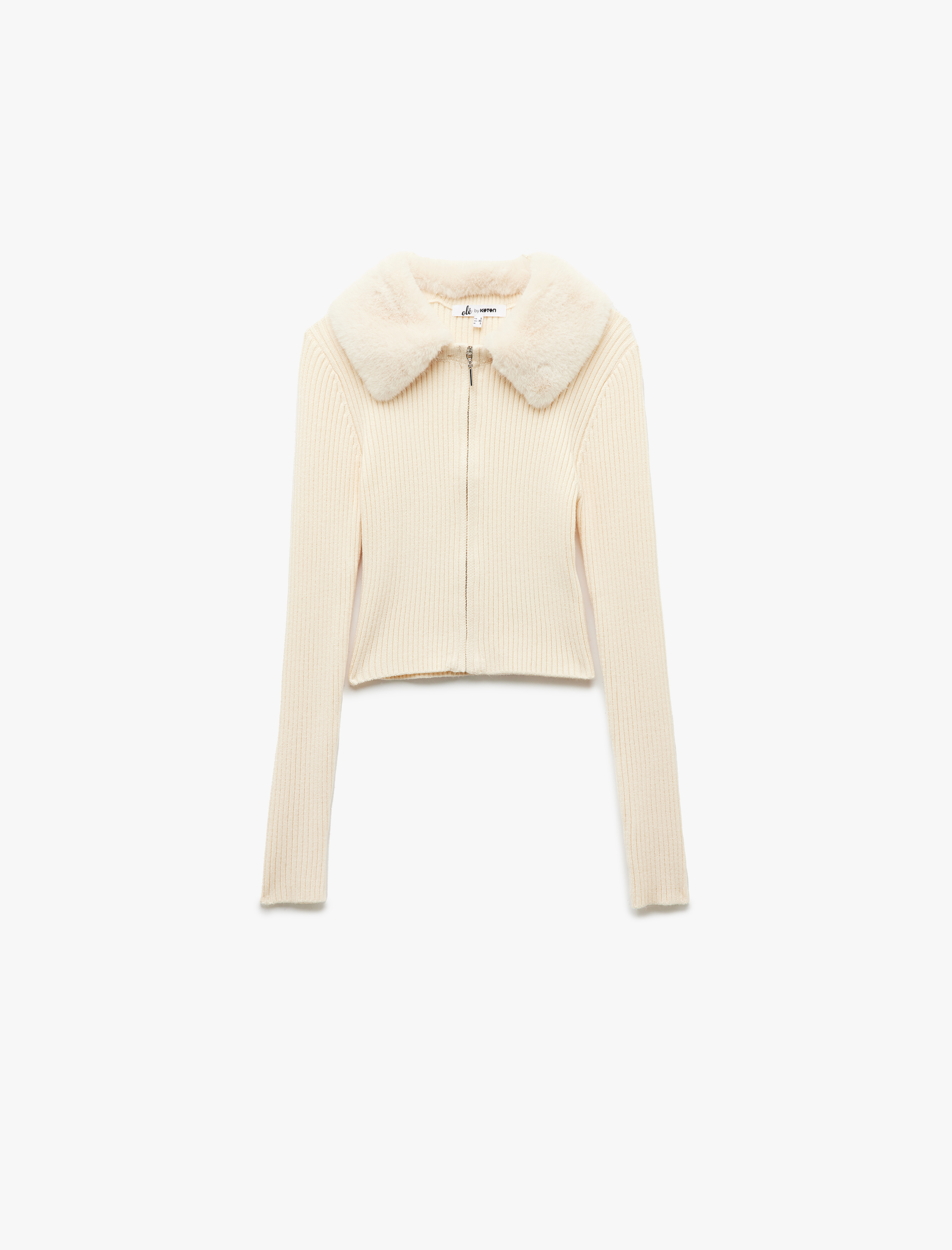   Viskon Karışımlı Suni Kürk Yakalı Uzun Kollu Fermuarlı Triko Hırka