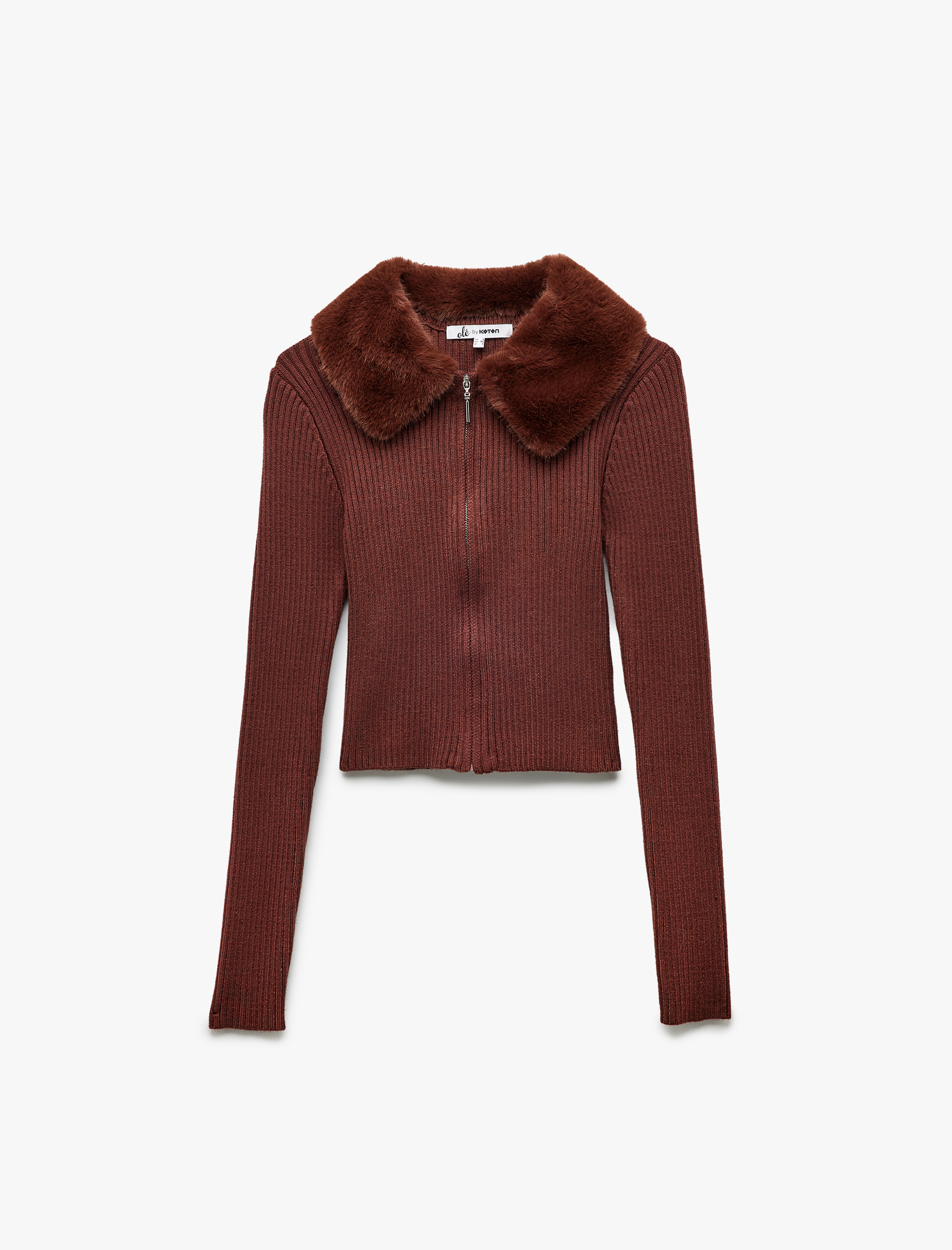   Viskon Karışımlı Suni Kürk Yakalı Uzun Kollu Fermuarlı Triko Hırka