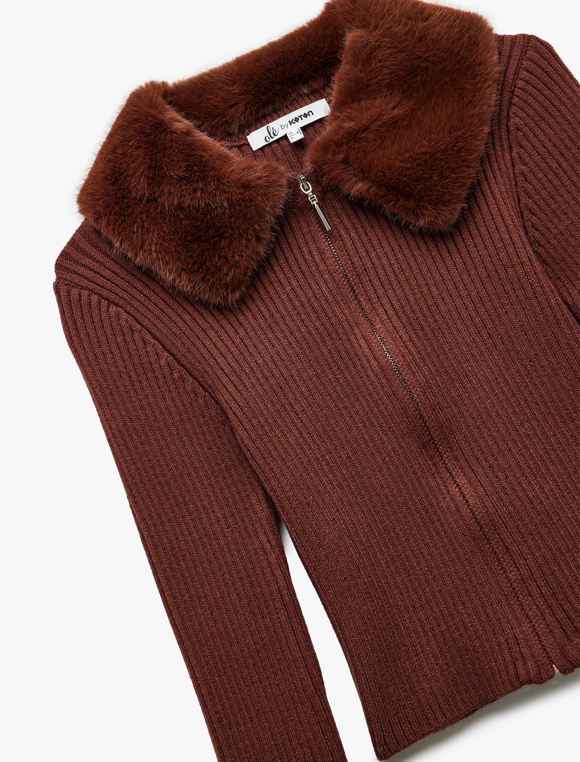   Viskon Karışımlı Suni Kürk Yakalı Uzun Kollu Fermuarlı Triko Hırka