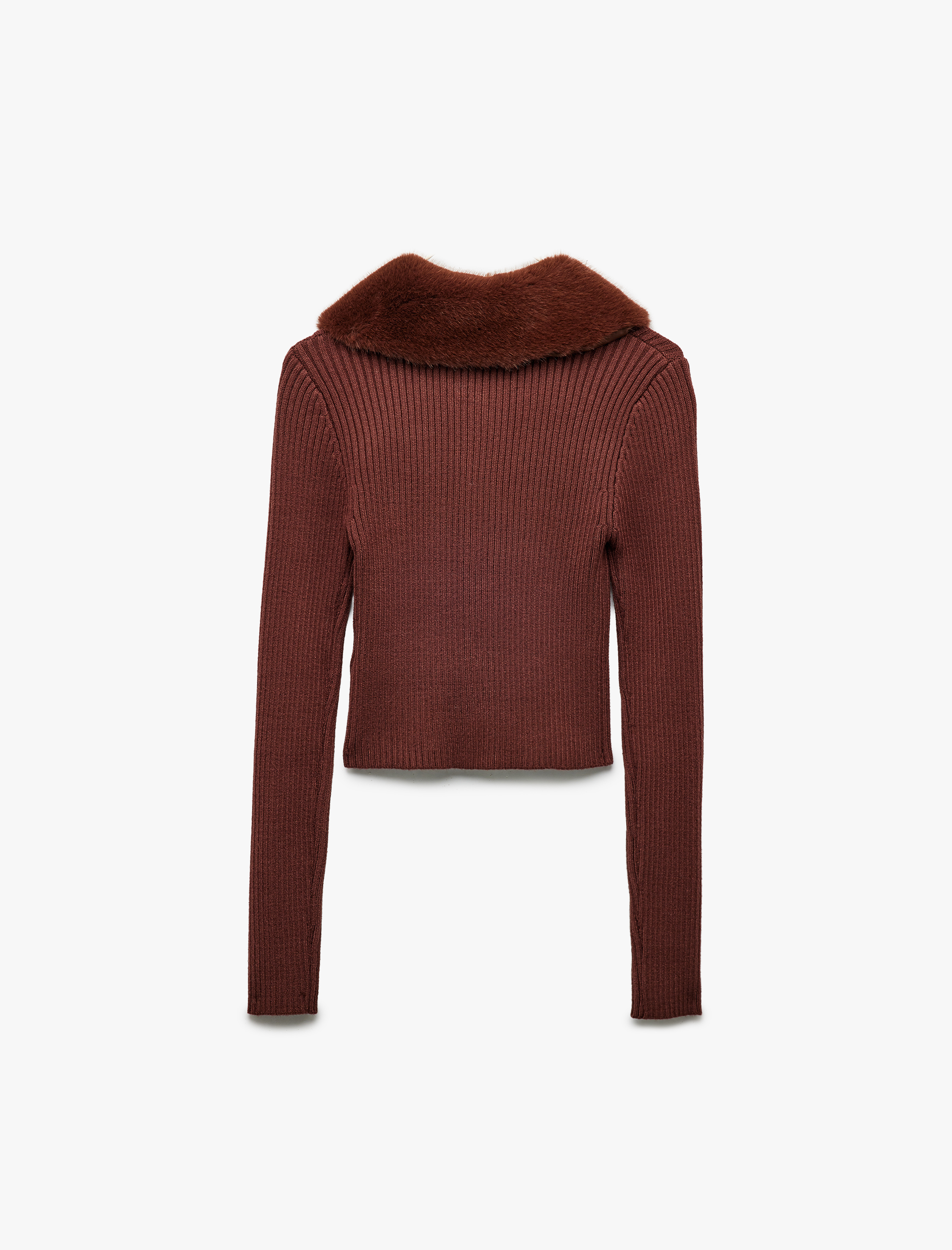   Viskon Karışımlı Suni Kürk Yakalı Uzun Kollu Fermuarlı Triko Hırka