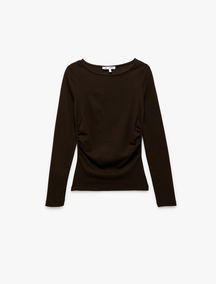   Pamuklu Slim Fit Kayık Yaka Drapeli Uzun Kollu Tişört