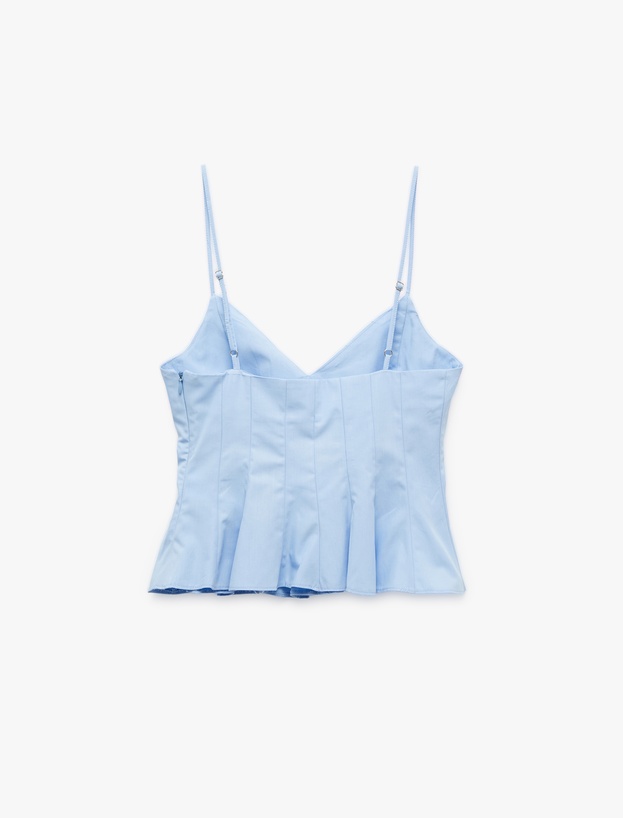 Koton X İnji - Volanlı V Yaka Pamuklu Askılı Slim Fit Dikiş Detaylı Crop Bluz_3