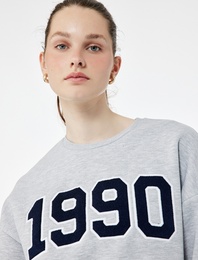 Üç İplik Şardonlu Uzun Kollu Bisiklet Yaka Nakışlı Crop Sweatshirt