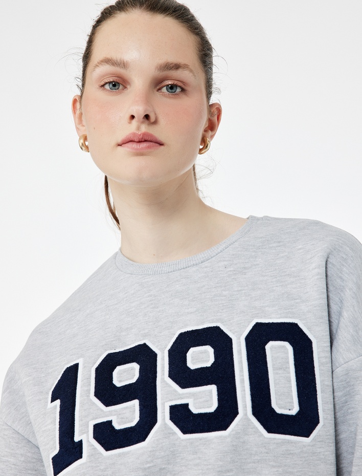  Üç İplik Şardonlu Uzun Kollu Bisiklet Yaka Nakışlı Crop Sweatshirt