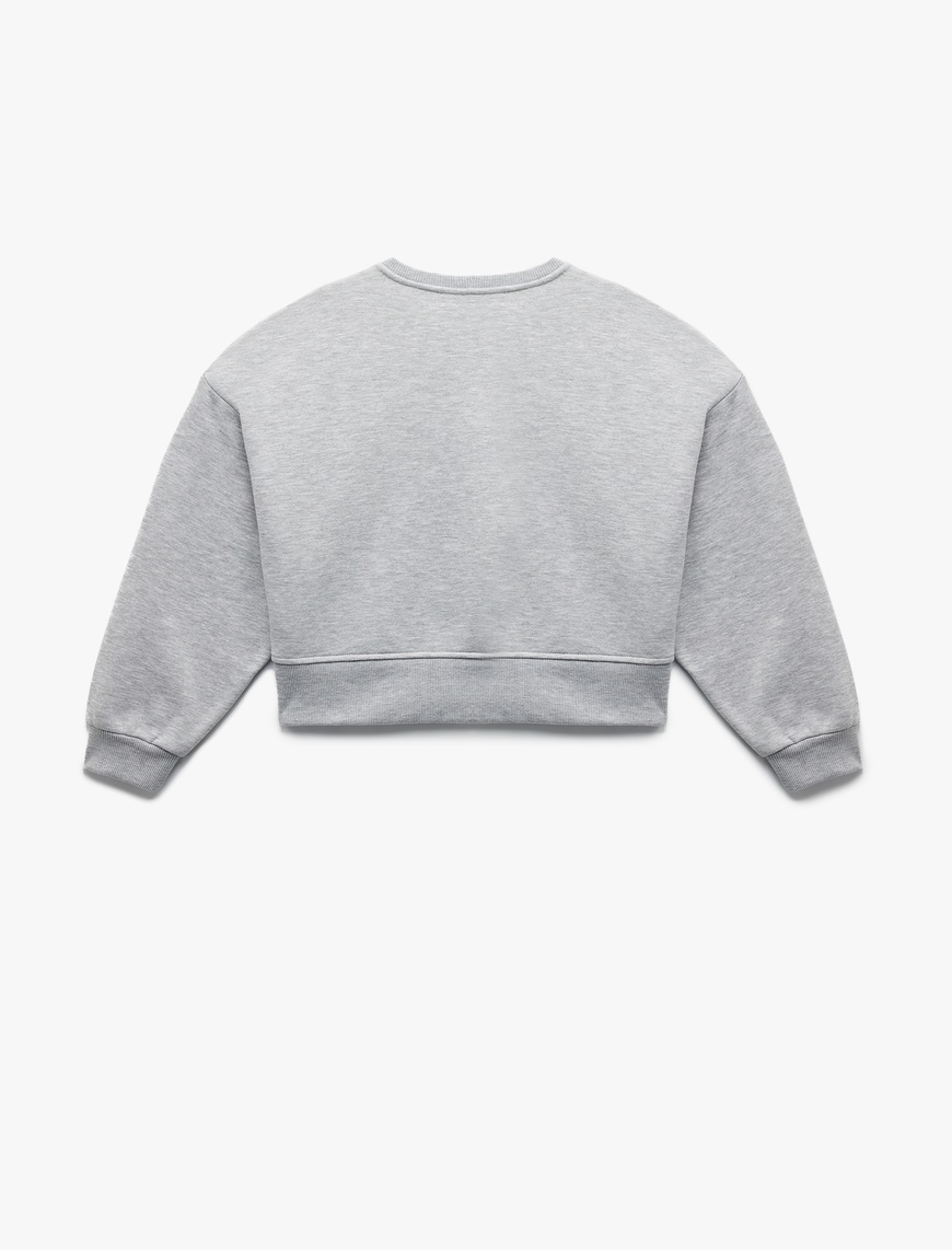   Üç İplik Şardonlu Uzun Kollu Bisiklet Yaka Nakışlı Crop Sweatshirt