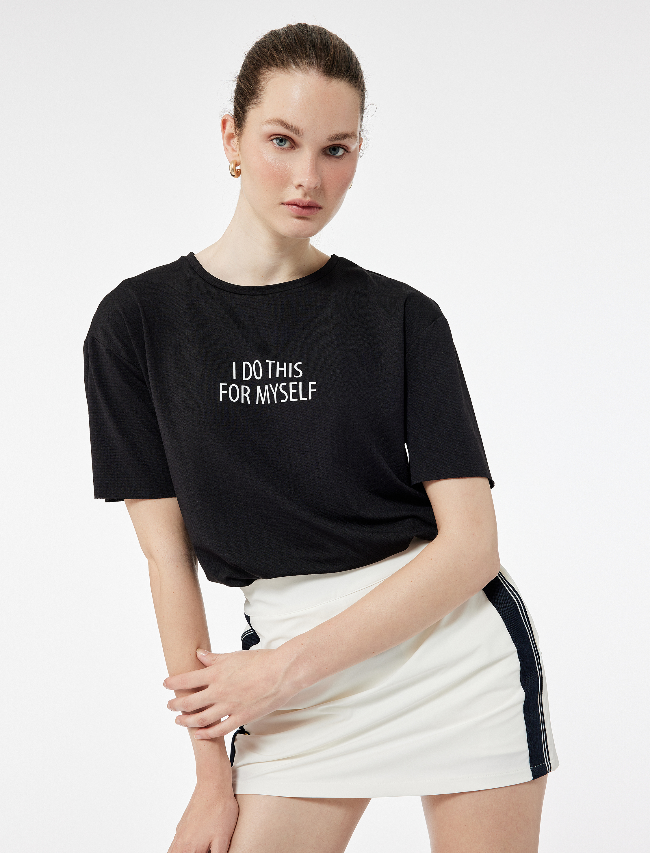   Kısa Kollu Bisiklet Yaka Baskılı Oversize Spor Tişört