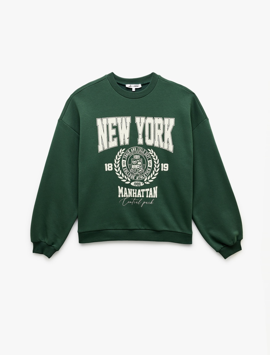   Şardonlu Baskılı Uzun Kollu Bisiklet Yaka Oversize Sweatshirt