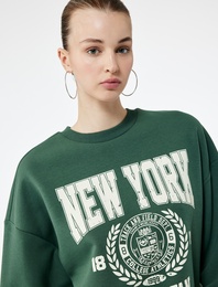 Şardonlu Baskılı Uzun Kollu Bisiklet Yaka Oversize Sweatshirt