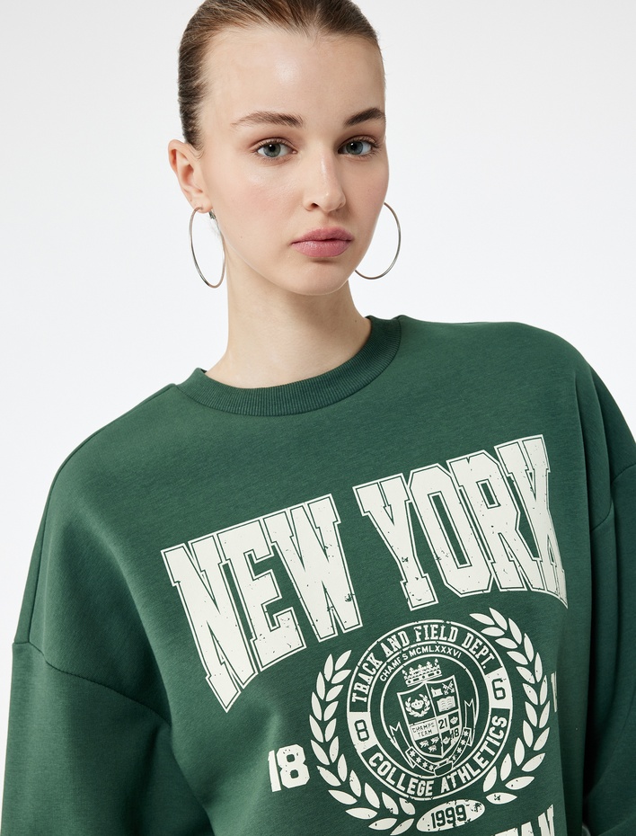  Şardonlu Baskılı Uzun Kollu Bisiklet Yaka Oversize Sweatshirt