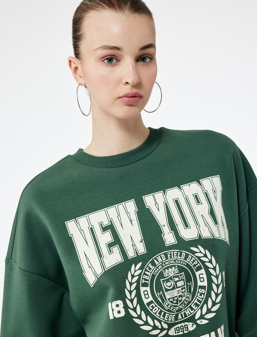   Şardonlu Baskılı Uzun Kollu Bisiklet Yaka Oversize Sweatshirt