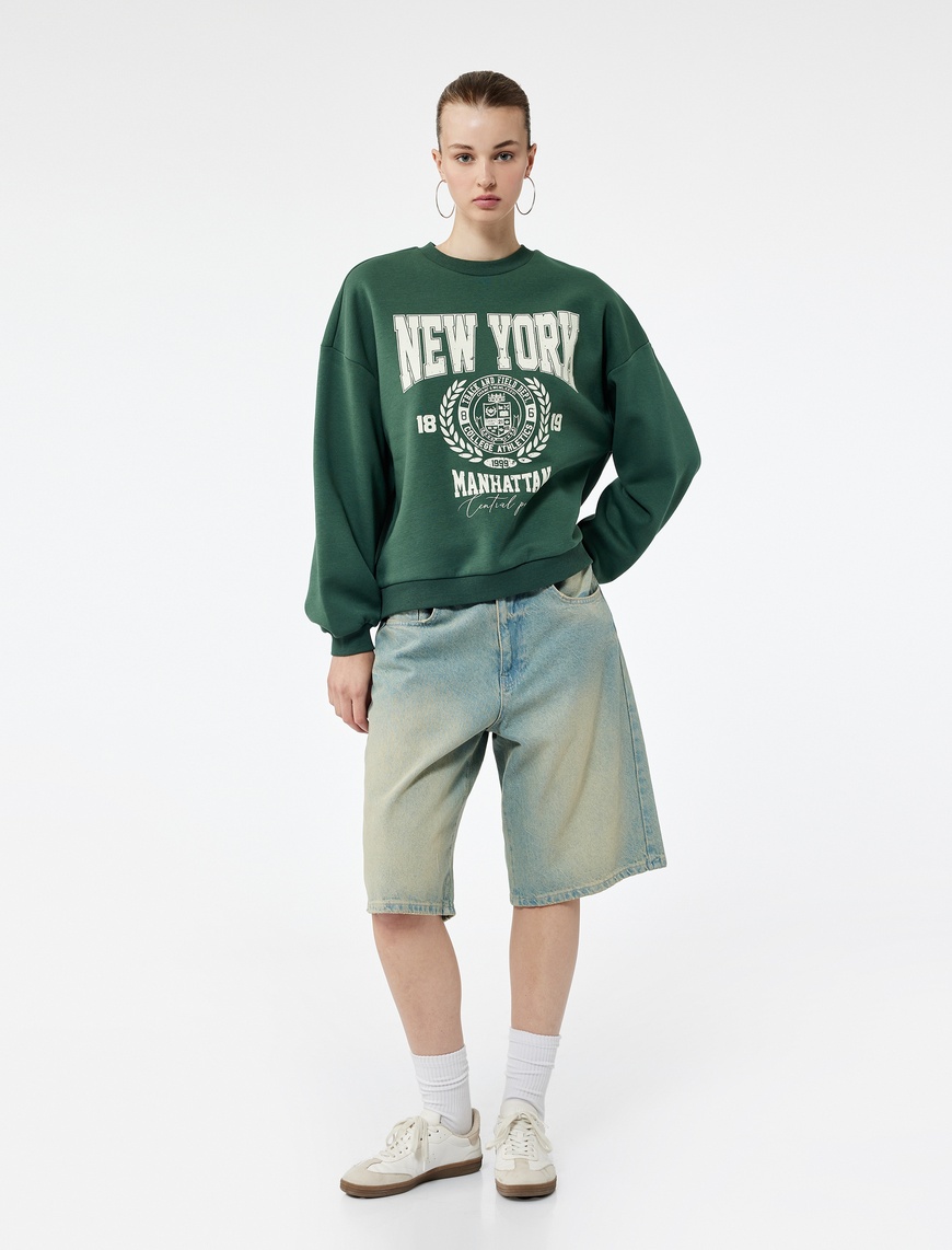   Şardonlu Baskılı Uzun Kollu Bisiklet Yaka Oversize Sweatshirt