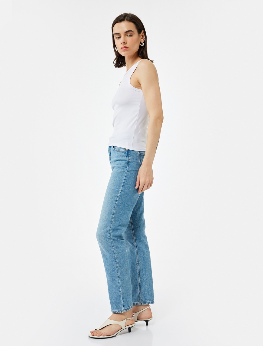   Pamuklu Düz Paça Cepli Düğmeli Jean Pantolon - Straight Jeans