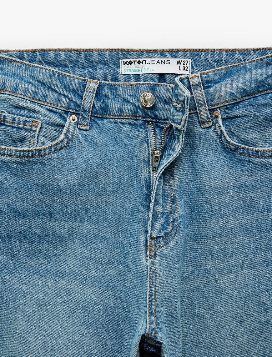   Pamuklu Düz Paça Cepli Düğmeli Jean Pantolon - Straight Jeans