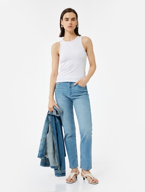 Pamuklu Düz Paça Cepli Düğmeli Jean Pantolon - Straight Jeans