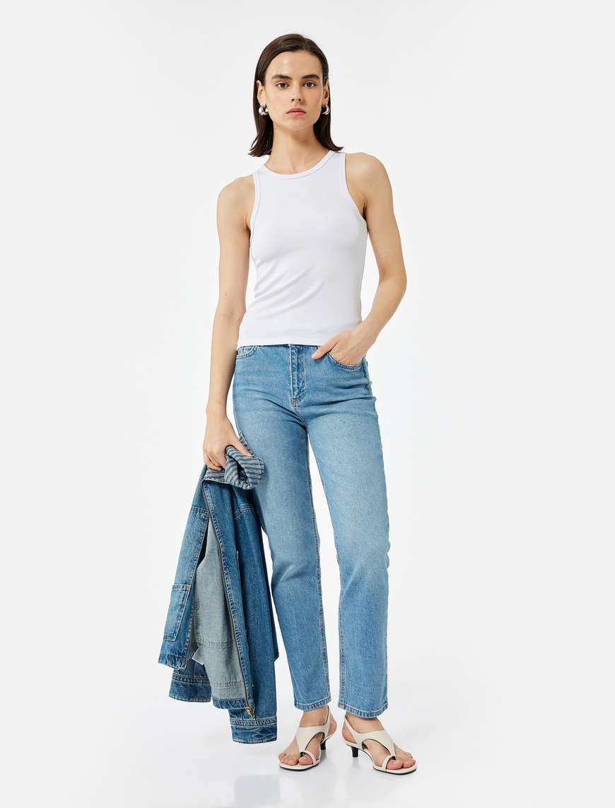  Pamuklu Düz Paça Cepli Düğmeli Jean Pantolon - Straight Jeans
