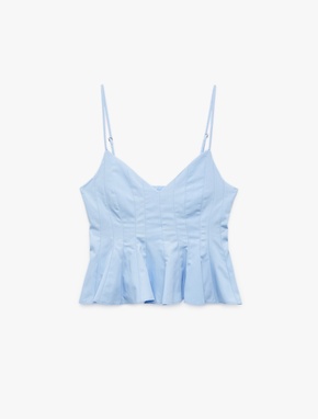 Koton X İnji - Volanlı V Yaka Pamuklu Askılı Slim Fit Dikiş Detaylı Crop Bluz_2