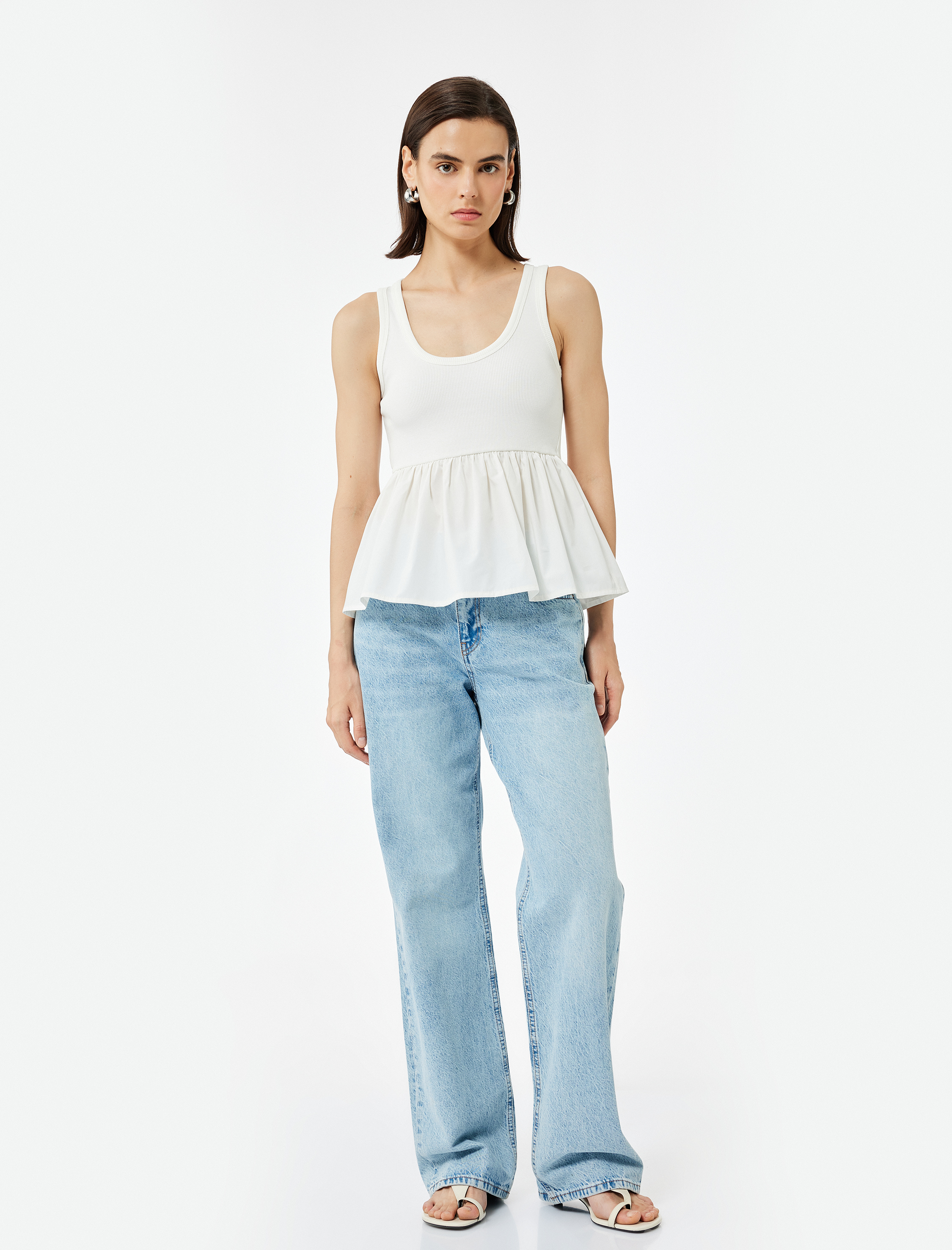   Pamuklu İki Farklı Kumaş Kullanımlı U Yaka Peplum Kesim Atlet