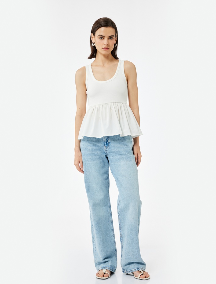  Pamuklu İki Farklı Kumaş Kullanımlı U Yaka Peplum Kesim Atlet