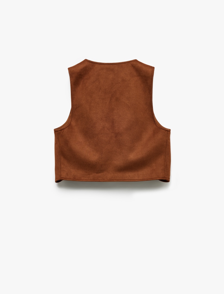   Slim Fit Önden Bağlama Detaylı Fiyonklu Suni Süet Crop Yelek