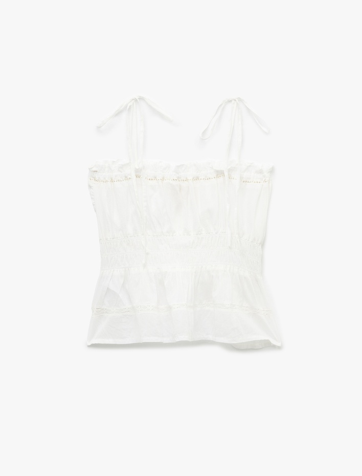  Omuzdan Bağlamalı Fiyonklu Gipeli İnce Askılı Fistolu Brodeli Bluz