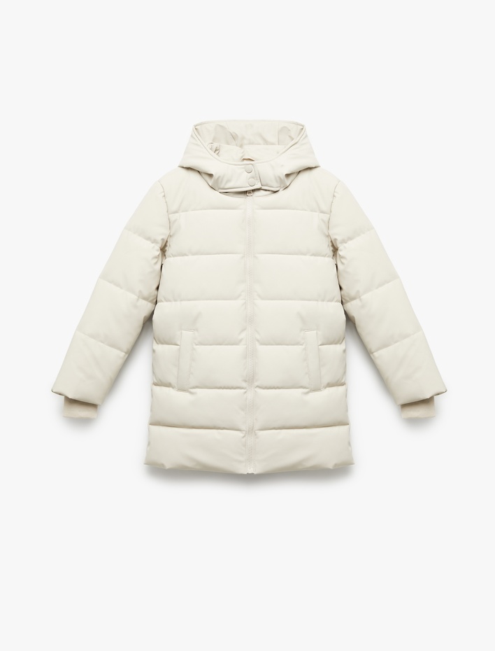 Kız Çocuk Uzun Kollu Fermuarlı Cepli İçi Suni Kürklü Kapşonlu Uzun Şişme Mont