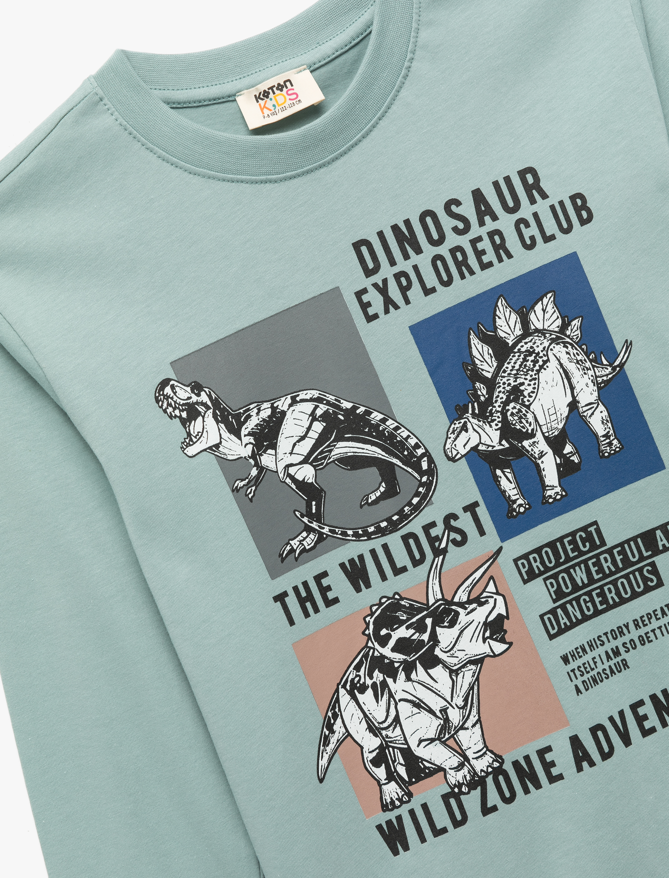  Erkek Çocuk Pamuklu Uzun Kollu Bisiklet Yaka Dinozor Baskılı Tişört