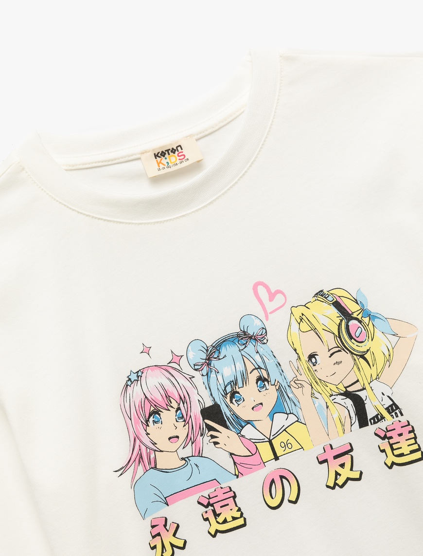  Kız Çocuk Pamuklu Uzun Kollu Bisiklet Yaka Anime Baskılı Tişört