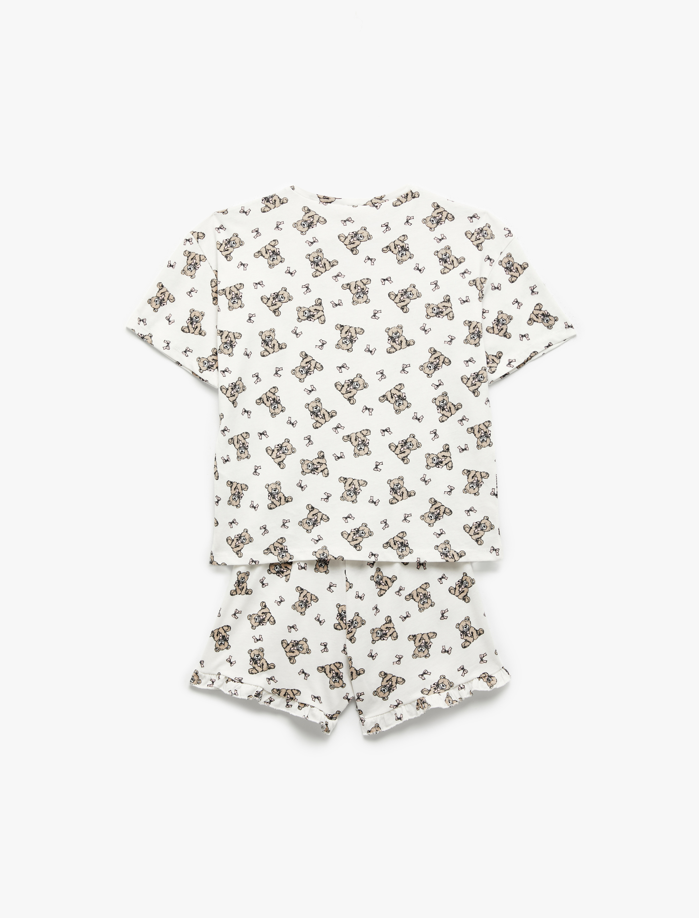 Kız Çocuk Pamuklu Ayıcık Baskılı Kısa Kollu Bisiklet Yaka Pijama Takımı
